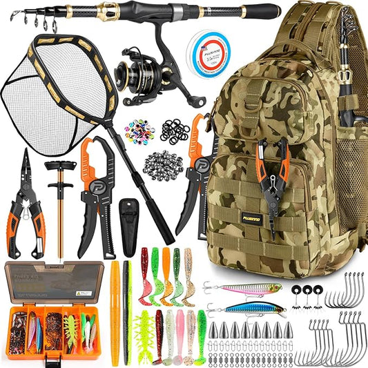 PLUSINNO Fishing Gear- Fishing Rod and Reel Combos, Fishing Backpack, Fishing Net, Fishing Bag with Rod Holders and Tackle Box for Freshwater/Saltwater, Fishing Gifts for Men