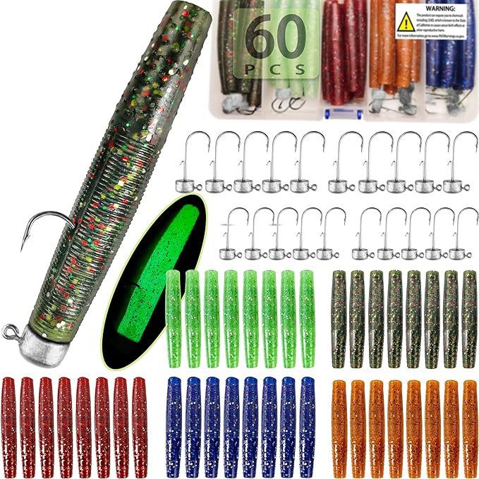 60/25 Pcs Ned Rig Jig Heads Soft Plastic Worms Stick Baits Kit, Mushroom Ned Rigs Jighead Hooks Worm Fishing Lures for Bass Freshwater Saltwater Fishing