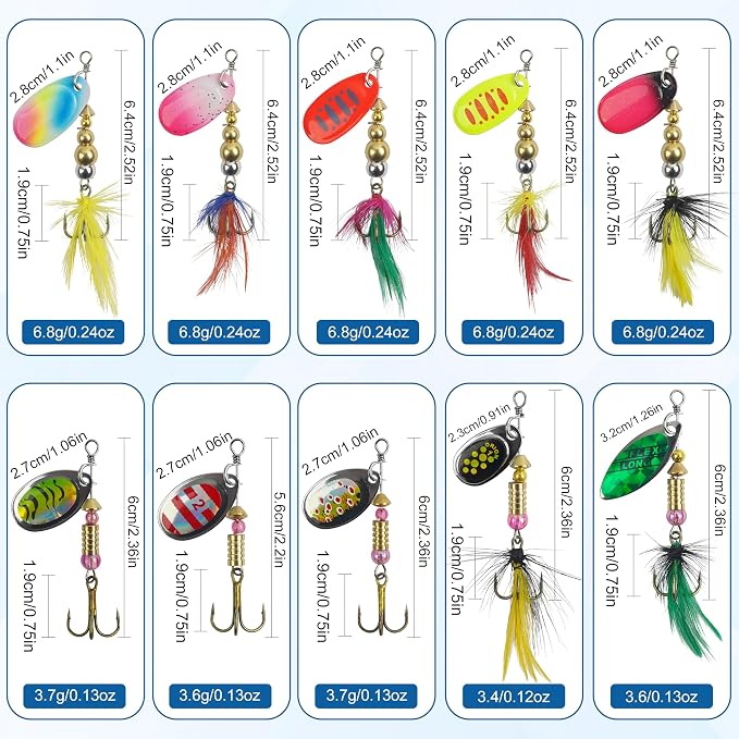 Fishing Lures Spinnerbait Kit Rooster Bait Tail Fishing Lures Inline Spinner Baits Bass Salmon Trout Spoon Hard Metal Spinnerbaits for Saltwater Freshwater