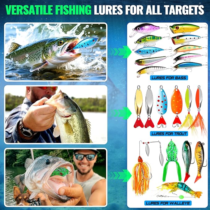 PLUSINNO Fishing Lures Fishing Tackle Box Fishing Gifts for Men, Bass, Trout Fishing Accessories Kit for Saltwater & Freshwater Fishing Gear Including Topwater Lures, Hooks, Spinnerbaits