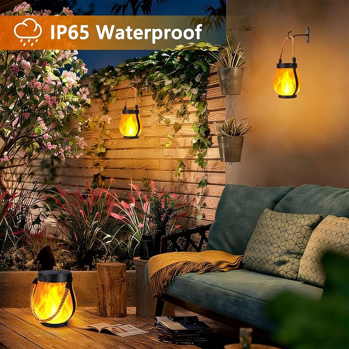 Toodour Solar Lanterns Outdoor Lights, 2 Pack Waterproof Flickering Flame Hanging Lanterns with 2 Modes, Dual Charging USB/Solar Solar Lights for Camping Patio Garden Yard Porch Deck Outdoor Decor