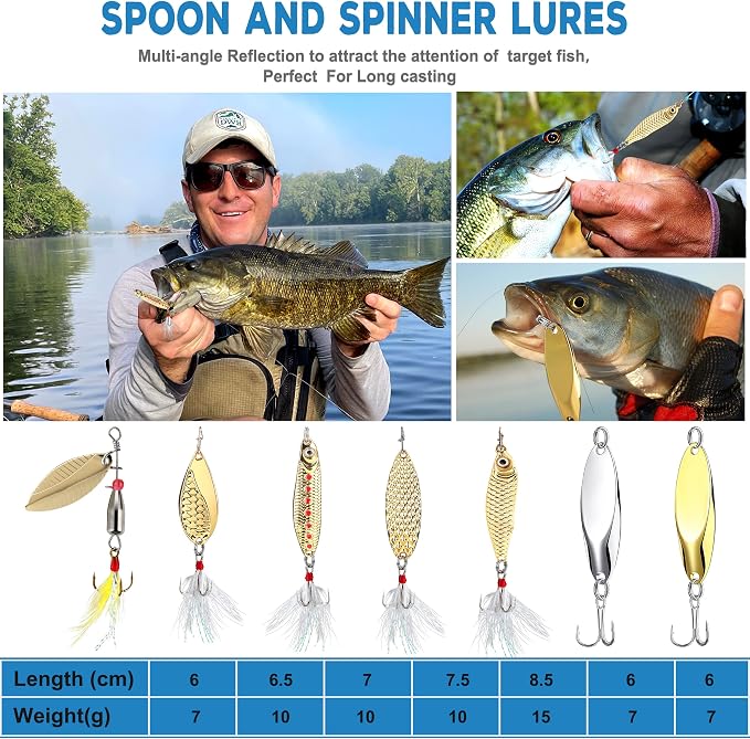 PLUSINNO Fishing Lures Fishing Tackle Box Fishing Gifts for Men, Bass, Trout Fishing Accessories Kit for Saltwater & Freshwater Fishing Gear Including Topwater Lures, Hooks, Spinnerbaits