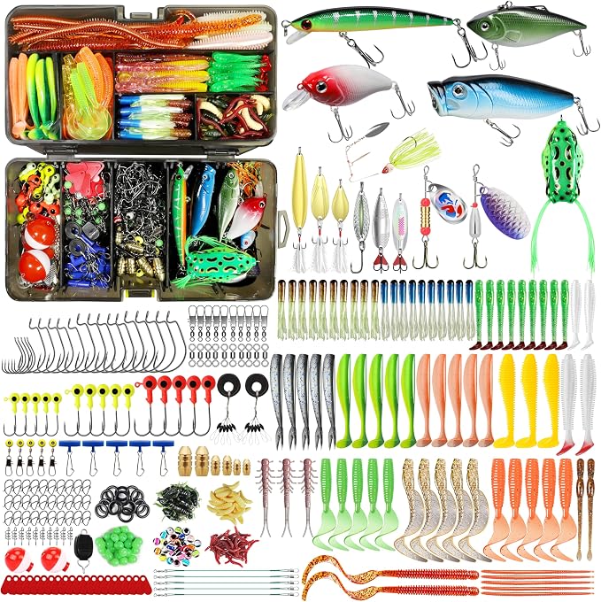 TRUSCEND Complete Fishing Lures - Tackle Box with Tackle Included - Crankbaits, Minnows, Frogs, Vibes, Poppers, Spinners, Spoons, Soft Baits, Hooks & Weights Accessories Kit for Bass Panfish Trout