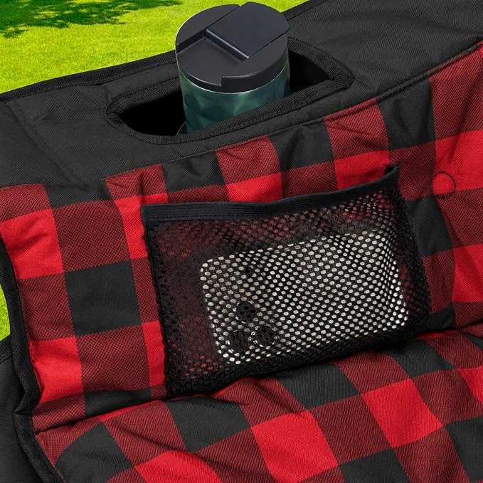 Youtanic 60" Extra Double Camping Chair, 700lbs Heavy Duty Padded Loveseat for Adults, Oversized 2 Person Folding Camp Couch with Dual Cup Holders, Portable Plaid Lawn Chair for Outside, Sports, Red