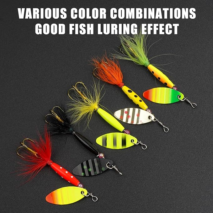 Spinner Baits Bass Lures Rooster Feather Tail Fishing Lures Trout Lures Hard Metal Inline Spinnerbaits for Bass Trout Pike Walleye Salmon with Tackle Box