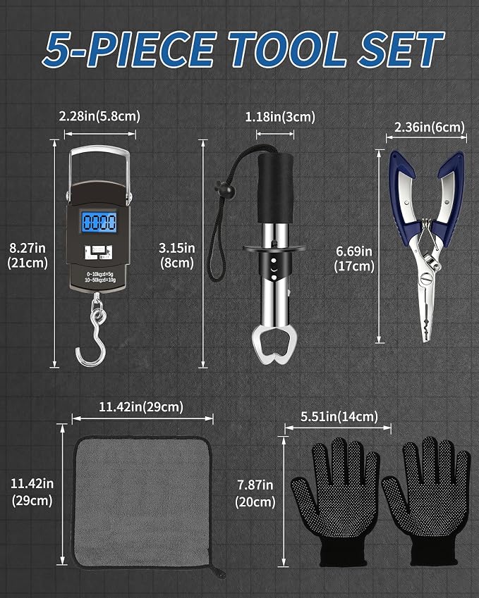 Fishing Tool Kit - Fishing Pliers, Hook Remover, Fish Gripper，Fish Scale, Fish Knife, Saltwater Fishing Gear with Sharpeners, Best Gifts for Men