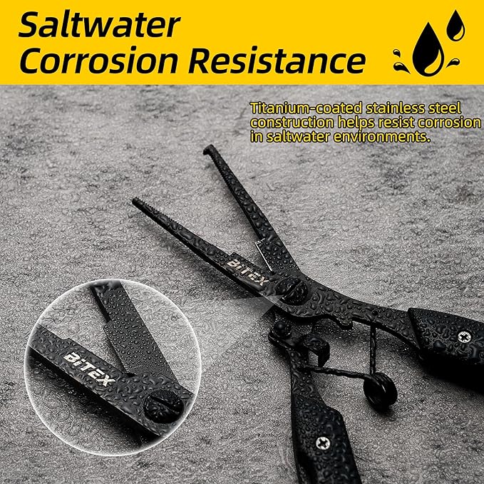 BiteX Saltwater Fishing Pliers with Split Ring Tip and Braid Cutter | Titanium-Coated Stainless Steel, Braid Line Cutter, Hook Remover & Knot Tying Tool, One-Hand Operation, Lanyard & Sheath