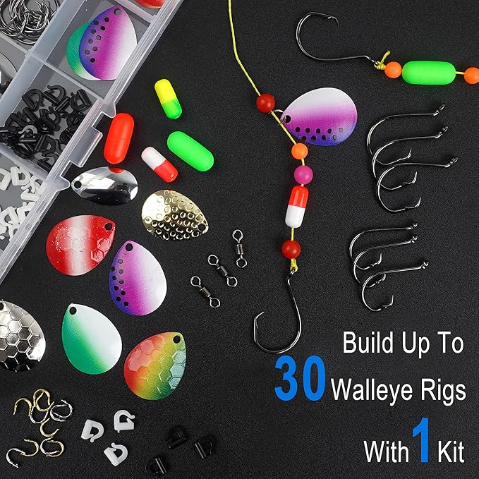 Walleye Rig Making Kit DIY Fishing Lure Spinner Making Kit Supplies Parts Crawler Harness Live Bait Rigs Colorado Blades Pompano Floats Clevis Beads Tackle Fishing