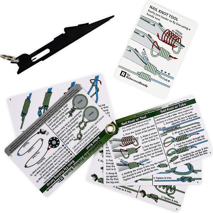 ReferenceReady Fishing Nail Knot Tying Tool Combo - Angler's Accessories Kit with Waterproof Knot Pocket Guide, Nail Knot Tying Tool with Hook Cleaner, and Fly Box Sticker - Great Gift for Fishermen