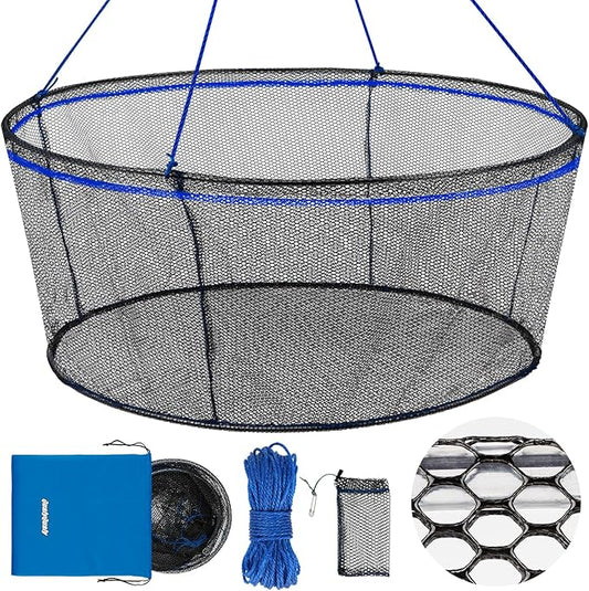 QualyQualy Foldable Fishing Net, Landing Fishing Pier Nets 31"/40" Hoop, Drop Net for Pulling Up Fish with Rope, Portable Bridge Fishing Net for Minnows, Crawfish, Shrimp