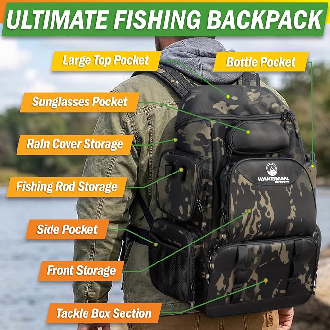 Fishing Backpack with Tackle Boxes, Rod Holders, 7 Zippered Storage Pockets and Water-Resistant Cover - Tactical Backpack Tackle Bag for Fishing Gear and Equipment by Wakeman Outdoors (Camo Black)