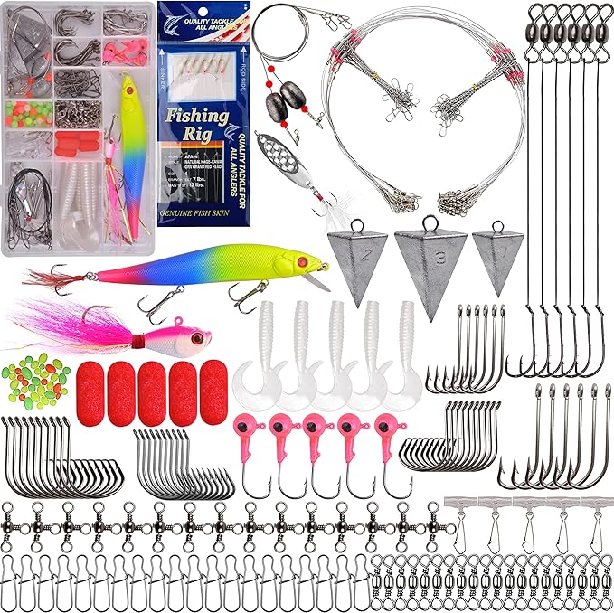Saltwater Fishing Gear, 180pcs Saltwater Surf Fishing Tackle Kit Saltwater Fishing Lures Fish Finder Rigs Pompano Rig Pyramid Sinker Spoons Fishing Hooks Leaders Swivel Bobbers Various Accessories