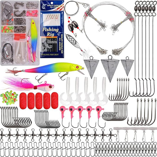 Saltwater Fishing Gear, 180pcs Saltwater Surf Fishing Tackle Kit Saltwater Fishing Lures Fish Finder Rigs Pompano Rig Pyramid Sinker Spoons Fishing Hooks Leaders Swivel Bobbers Various Accessories