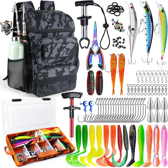 Fishing Backpack with Tackle Boxes,45L Large Waterproof Fishing Bag with Fishing Gear,Fishing Gifts for Men Women,Gear Combo Kit,Camouflage Black