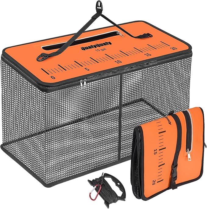 QualyQualy Floating Fish Basket for Live Caught, 10/15 Gallons Foldable Fishing Holder Minnow Bucket Portable Collapsible Fishing Net Storage Cage for Live Fish Bait Live Well