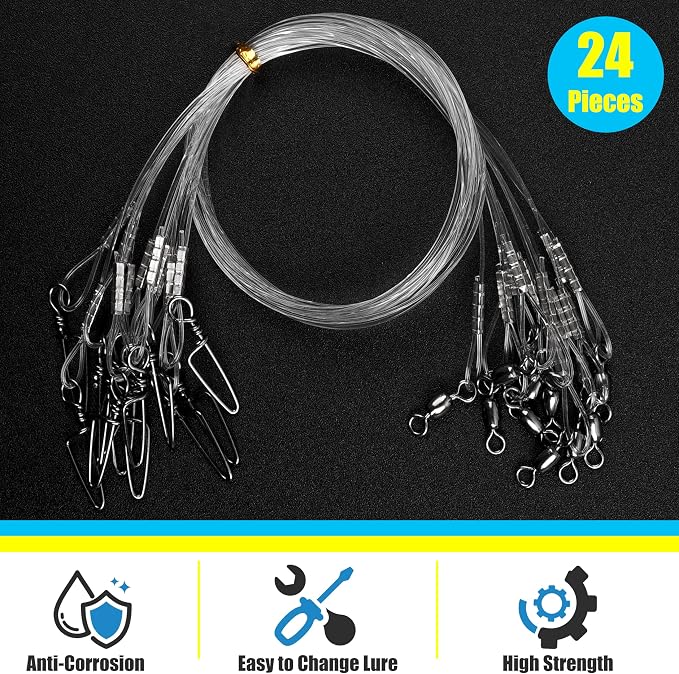 Fluorocarbon Fishing Leader, 12/24pcs Fluorocarbon Leader Line with Swivels Snap Invisible Fishing Wire Leader Connect Tackle Lures Bait Hooks for Saltwater Freshwater