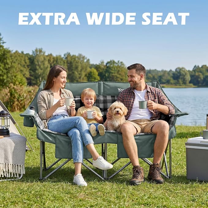 Youtanic 60" Extra Double Camping Chair, 700lbs Heavy Duty Padded Loveseat for Adults, Oversized 2 Person Folding Camp Couch with Dual Cup Holders, Portable Plaid Lawn Chair for Outside, Sports, Gray