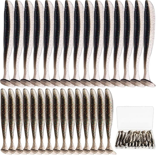 30pcs Soft Plastic Fishing Lures Paddle Tail Swimbaits Soft Baits Lure for Bass Crappie Trout Shad Freshwater Saltwater Fishing Mixed 3.5 Inch 4.7 Inch Swim Bait Kit with Box