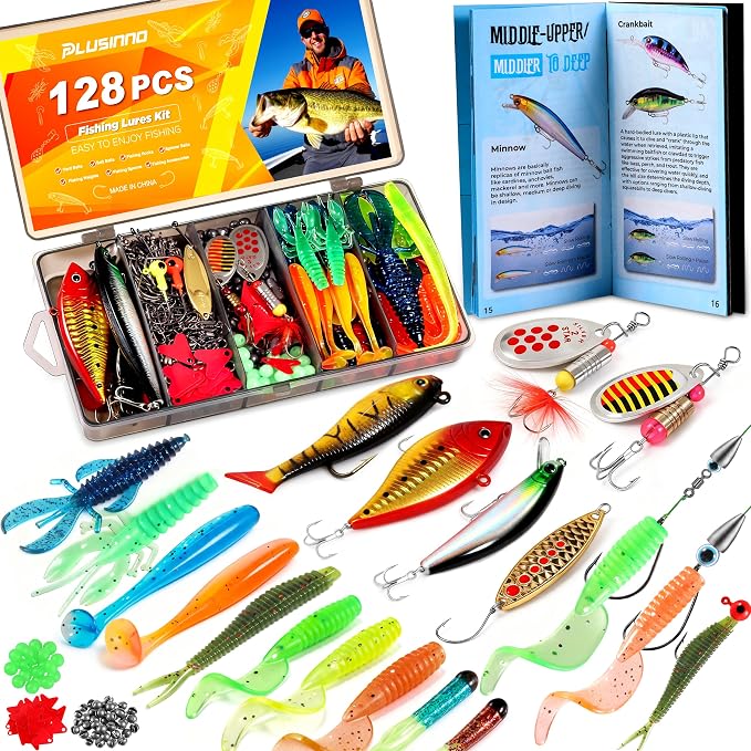 PLUSINNO Fishing Lures, All-in-One Fishing Tackle Box with Tackle Included, Fishing Gear Lure Bait Accessories Kit for Freshwater Bass Trout, Ideal Fishing Gifts for Men, Father & Beginners