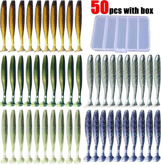 Fishing Soft Plastic Lures, Paddle Tail Swim Baits for Bass Fishing,Paddle Tail Swimbaits for for Bass Trout Walleye Lures, 30/50pcs Soft Plastic Baits with Box