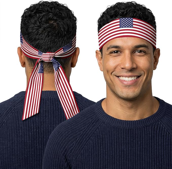 Tie Headband for Women & Men, Flag Patterned Sports Sweatband Head Wrap, Hair Bandana Accessory, 40" x 2.4"