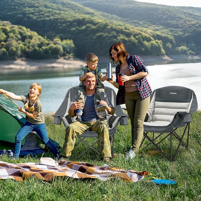 Youtanic Oversized Extra Large Padded Camping Chair, up to 400lbs, Folding Camping Chairs with Pocket, Carry Bag, Heavy Duty Outdoor Camp Chairs for Adults, Fishing, Sports, Trip, Light Gray-Gray