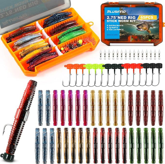 PLUSINNO Wacky Worm Fishing Lure Kit, Soft Plastic Fishing Lures, Grub Baits Hook Wacky Rig Bass Trout Fishing Worms Lures w/Tackle Box