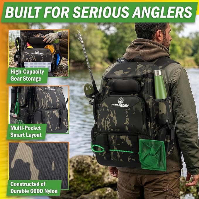 Fishing Backpack with Tackle Boxes, Rod Holders, 7 Zippered Storage Pockets and Water-Resistant Cover - Tactical Backpack Tackle Bag for Fishing Gear and Equipment by Wakeman Outdoors (Camo Black)