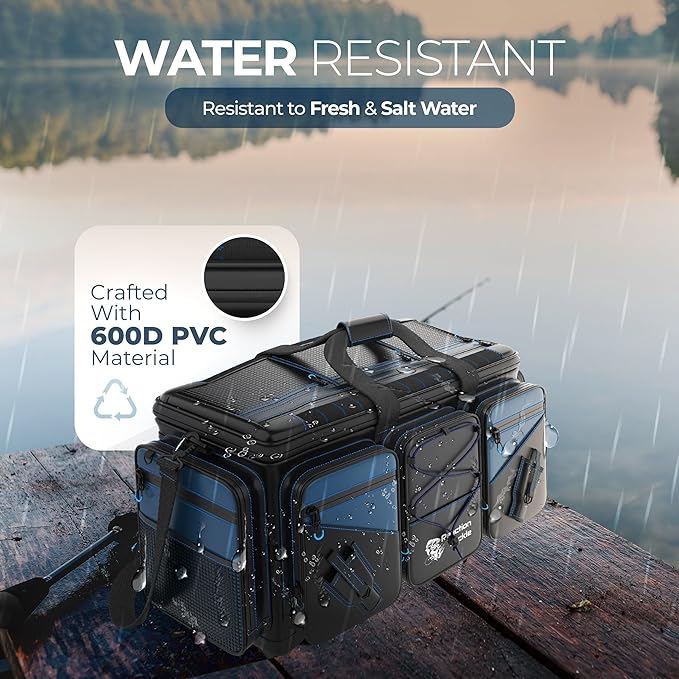 Reaction Tackle Fishing Tackle Bag – Salt Water Resistant Fishing Bag, 1000D PVC Waterproof Material, Tackle Box Organizer with Dividers for 3600 or 3700 Trays