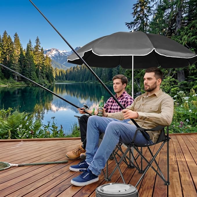 Double Folding Camping Chair with Removable Sun Umbrella and Cooler Bag, 2 Person Portable Picnic Chair for Beach, Patio, Fishing and Tailgating, 600D Oxford Fabric, Black (Black)