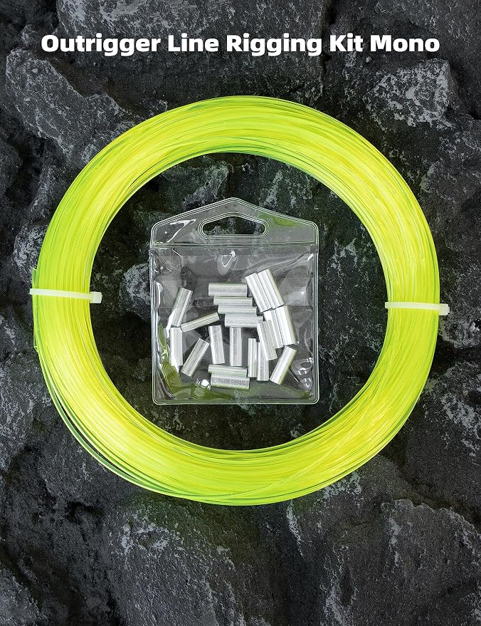 BLUEWING 50/100yd Outrigger Line Rigging Kit Mono with 20pcs/40pcs Aluminum Sleeve Crimps and 1.9mm 400LB Test Monofilament Fishing