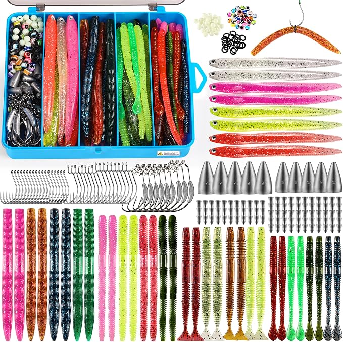 PLUSINNO Wacky Worm Fishing Lure Kit, Soft Plastic Fishing Lures, Grub Baits Hook Wacky Rig Bass Trout Fishing Worms Lures w/Tackle Box