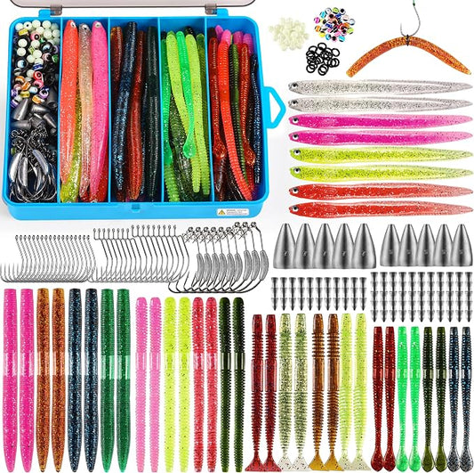 PLUSINNO Wacky Worm Fishing Lure Kit, Soft Plastic Fishing Lures, Grub Baits Hook Wacky Rig Bass Trout Fishing Worms Lures w/Tackle Box
