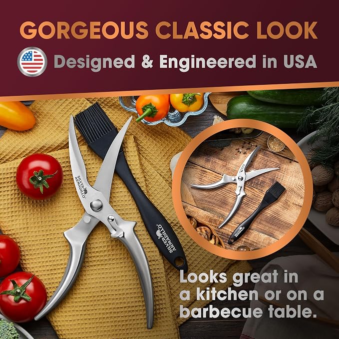 Heavy Duty Poultry Shears - Professional Stainless Steel Kitchen Scissors for Bone, Chicken, Meat, Fish & Vegetables - Spring Loaded (Stainless Steel handles)