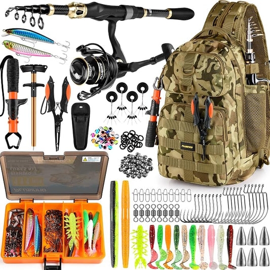 PLUSINNO Fishing Backpack, Fishing Bag, Waterproof Sling Tackle Bag For Fishing Gear With Rod Holder, Fish Gifts for Men