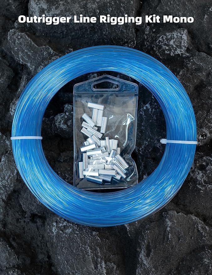 BLUEWING 50/100yd Outrigger Line Rigging Kit Mono with 20pcs/40pcs Aluminum Sleeve Crimps and 1.9mm 400LB Test Monofilament Fishing