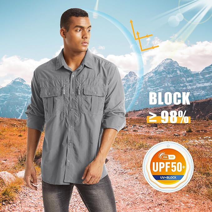 MAGCOMSEN Men's UPF 50+ Sun Protection Shirts, Button Down Long Sleeve Shirt for Hiking, Fishing, Safari