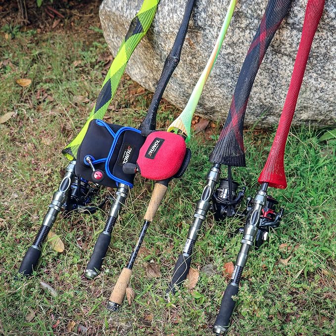 RUNCL Fishing Rod Sleeves & Reel Bags, Spinning/Casting Rod Socks & Spinning/Baitcasting Reel Covers - Protection Solution, Space Saver, Perfect Storage - Fishing Pole Sleeves & Reel Pouch (2 Pack)