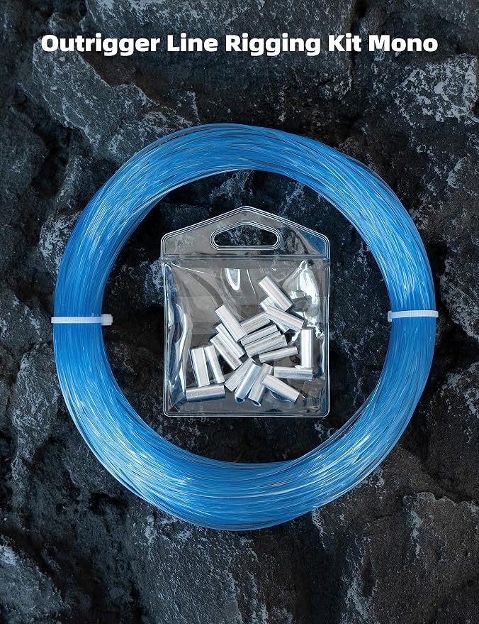 BLUEWING 50/100yd Outrigger Line Rigging Kit Mono with 20pcs/40pcs Aluminum Sleeve Crimps and 1.9mm 400LB Test Monofilament Fishing