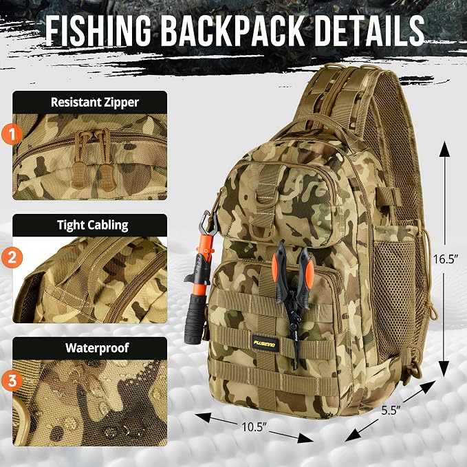 PLUSINNO Fishing Backpack, Fishing Bag, Waterproof Sling Tackle Bag For Fishing Gear With Rod Holder, Fish Gifts for Men