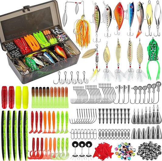 PLUSINNO Fishing Lures Fishing Tackle Box Fishing Gifts for Men, Bass, Trout Fishing Accessories Kit for Saltwater & Freshwater Fishing Gear Including Topwater Lures, Hooks, Spinnerbaits