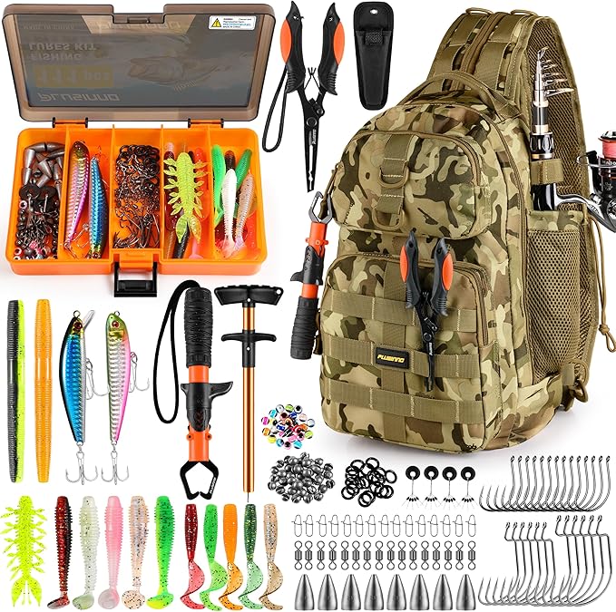 PLUSINNO Fishing Backpack with Tackle Boxes, Waterproof Sling Tackle Bag For Fishing Gear With Rod Holder, Fish Gifts for Men With Fish lures, Fish pliers.