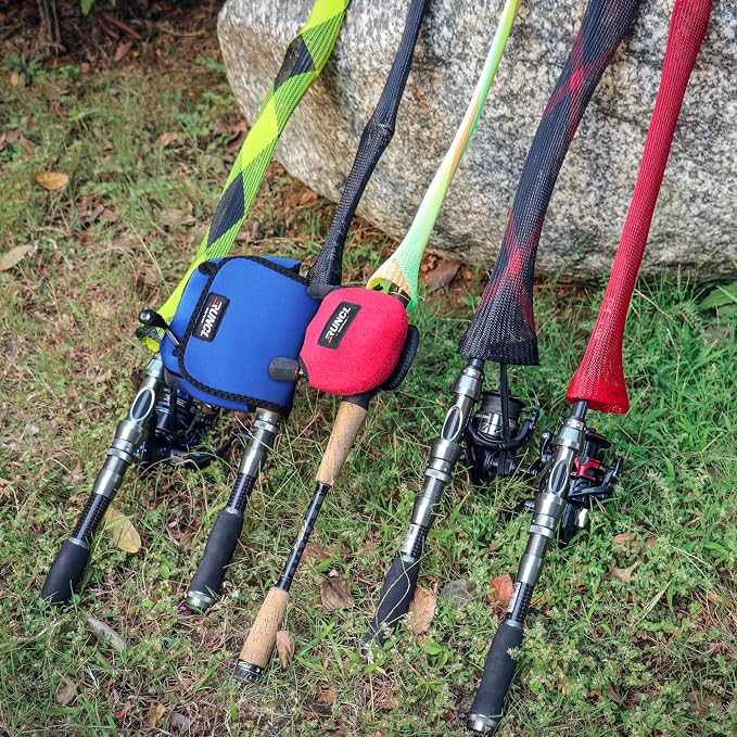 RUNCL Fishing Rod Sleeves & Reel Bags, Spinning/Casting Rod Socks & Spinning/Baitcasting Reel Covers - Protection Solution, Space Saver, Perfect Storage - Fishing Pole Sleeves & Reel Pouch (2 Pack)