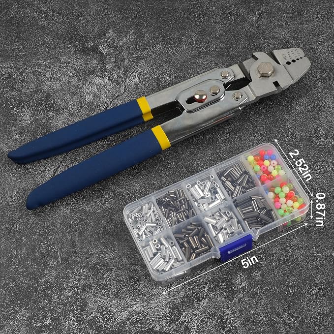 Fishing Crimping Tool Kit Stainless Steel Crimp Pliers Wire Rope Crimping Tool + 590pcs Crimp Sleeves Beads Kit,8 Crimping Sizes