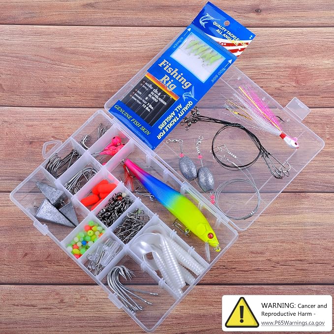 Saltwater Fishing Gear, 180pcs Saltwater Surf Fishing Tackle Kit Saltwater Fishing Lures Fish Finder Rigs Pompano Rig Pyramid Sinker Spoons Fishing Hooks Leaders Swivel Bobbers Various Accessories